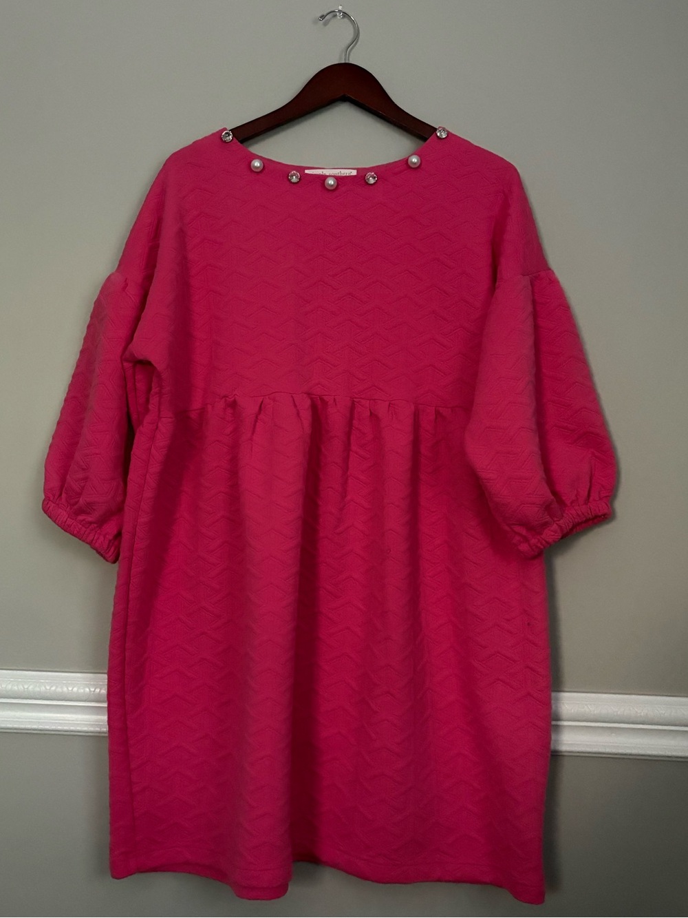 Simply Southern Quilted Pearl Rhinestone Mini Dress L Pink Babydoll - Picture 6 of 9